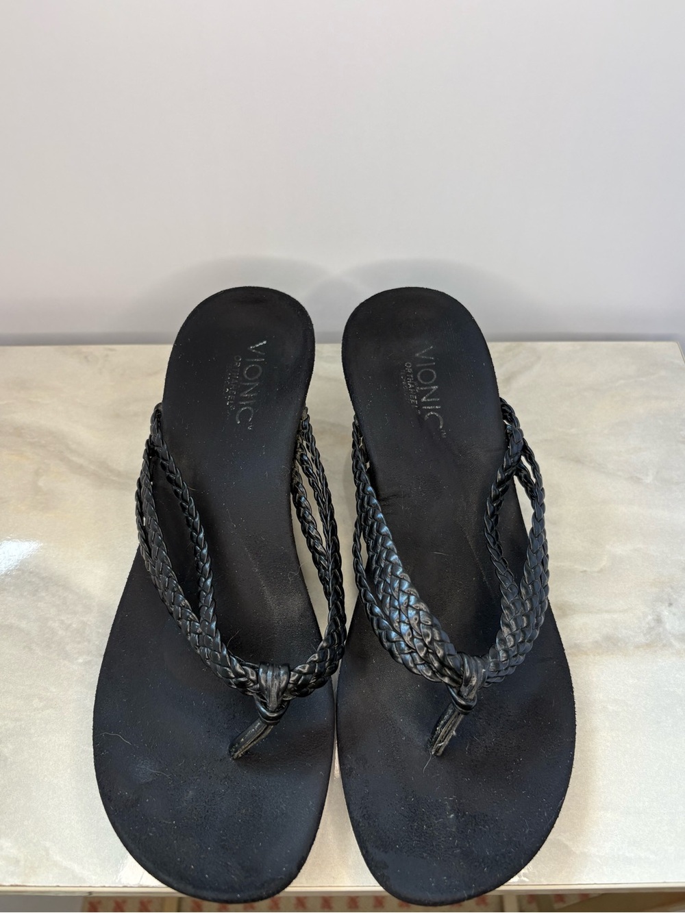 Vionic Black Braided Toe-Post Wedge Sandals